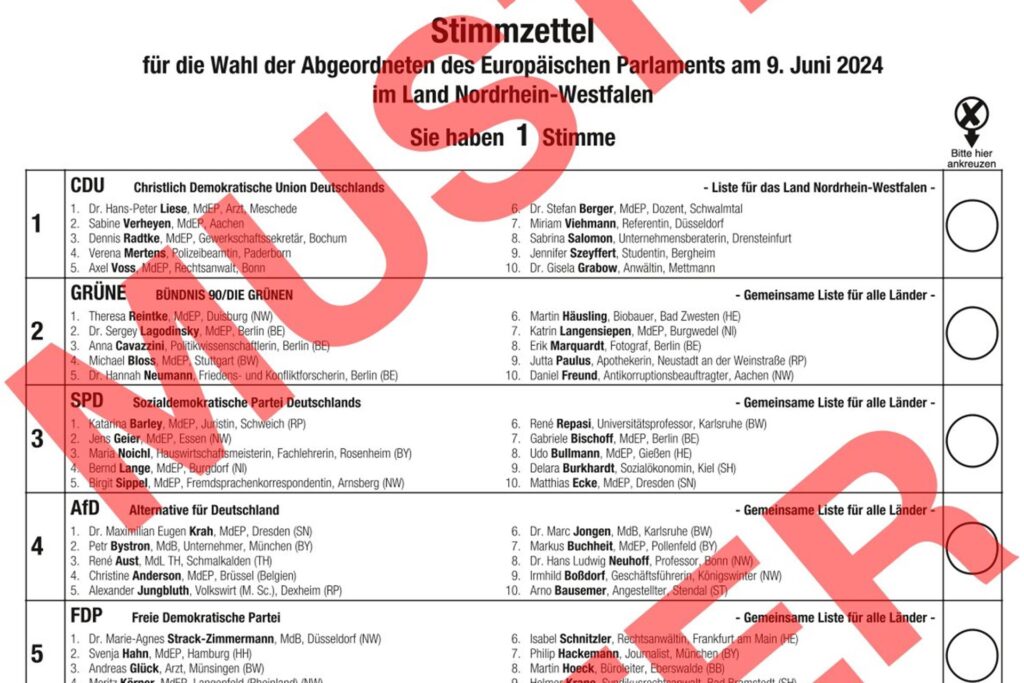 Ein Muster-Stimmzettel zur Europawahl 2024 aus Nordrhein-Westfalen.