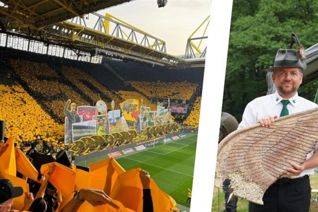 Eine Montage zweier Bilder zeigt ein Fußballstadion und einen Schützen, der einen Holzflügel in Händen hält.