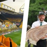 Eine Montage zweier Bilder zeigt ein Fußballstadion und einen Schützen, der einen Holzflügel in Händen hält.