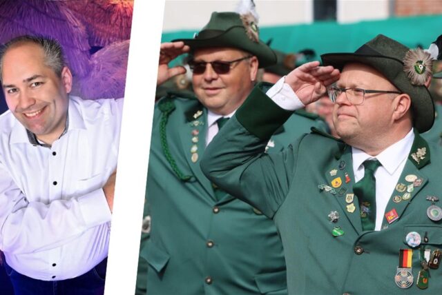 Die Montage zweier Bild zeigt einen Mann in einem weißen Hemd und zwei salutierende Schützen