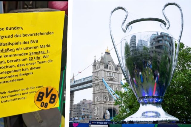 Zu sehen ist der Pokal der Champions League neben einem angeklebten Zettel, auf dem geänderte Öffnungszeiten stehen.
