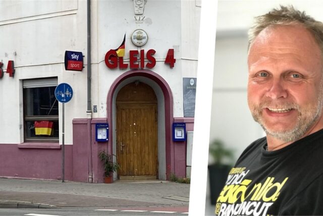 Bildkombo: Außenansicht der Gaststätte „Gleis 4“ in Rauxel (links) und Mario Rommel.