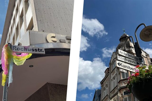 Die beiden Straßenschilder, die an den Eingängen der Recklinghäuser Rochusstraße stehen