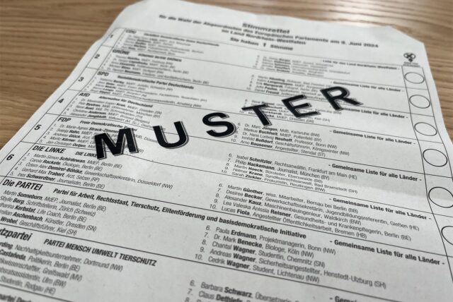 Ein Muster-Wahlbogen zur Europawahl 2024 liegt auf einem Tisch.