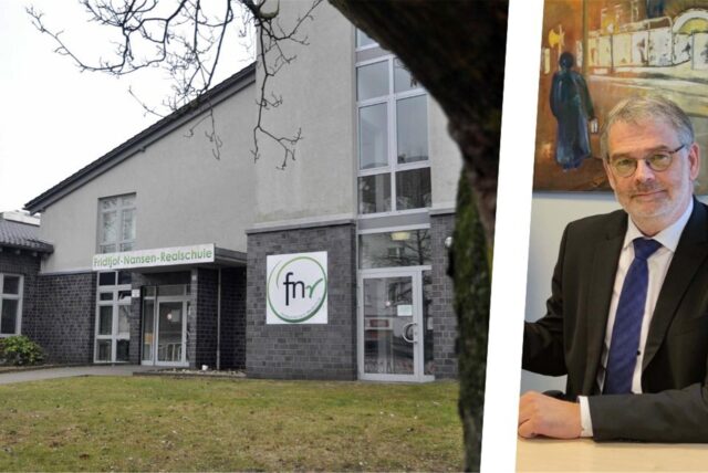Bildkombo: links die Fridtjof-Nansen-Realschule von außen, rechts Joachim Eschemann.