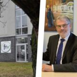 Bildkombo: links die Fridtjof-Nansen-Realschule von außen, rechts Joachim Eschemann.