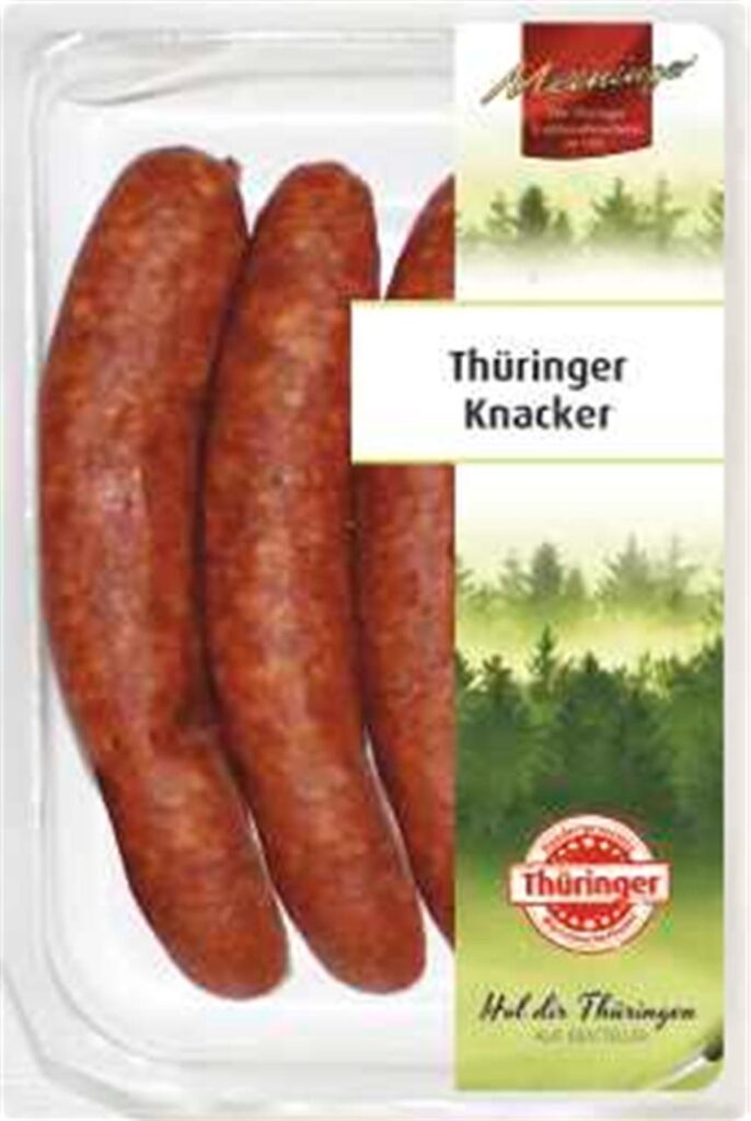 Die Rückrufaktion der Meininger Wurstspezialitäten gilt für diese Thüringer Knacker, die hauptsächlich bei Penny verkauft wurden. Die Rückrufaktion der Meininger Wurstspezialitäten gilt für diese Thüringer Knacker, die hauptsächlich bei Penny verkauft wurden.