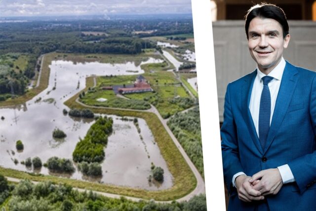 Eine Montage aus einem vollgelaufenen Regenrückhaltebecken und Emschergenossenschaftschef Prof. Dr. Uli Paetzel.