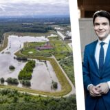 Eine Montage aus einem vollgelaufenen Regenrückhaltebecken und Emschergenossenschaftschef Prof. Dr. Uli Paetzel.