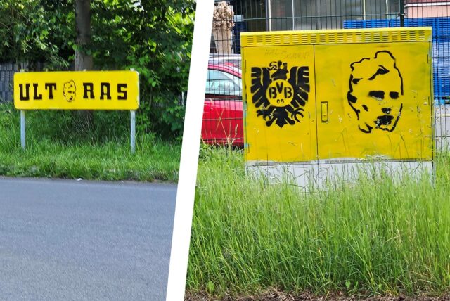 Zwei Stellen von weiteren in Merklinde, wo BVB-Ultras ihre Tags hinterlassen haben. Überall in Castrop-Rauxel, aber auch in Dortmund, Witten und anderen Nachbarstädten sind diese Graffiti seit Wochen zu sehen.