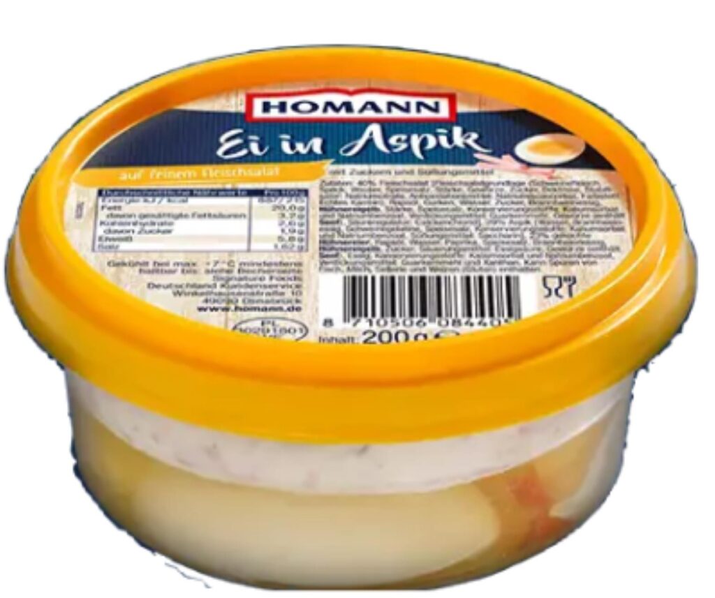 Eine Verpackung Ei in Aspik von Homann, die von einer Rückrufaktion betroffen ist. Eine Verpackung Ei in Aspik von Homann, die von einer Rückrufaktion betroffen ist.