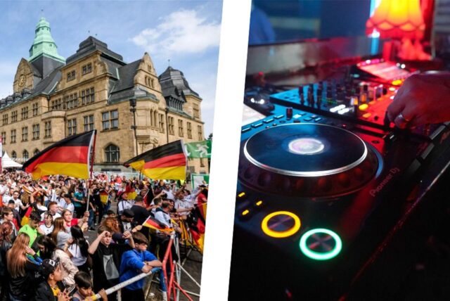 Links: Public Viewing auf dem Rathaus-Vorplatz in Recklinghausen, rechts: ein DJ-Mischpult