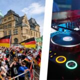 Links: Public Viewing auf dem Rathaus-Vorplatz in Recklinghausen, rechts: ein DJ-Mischpult