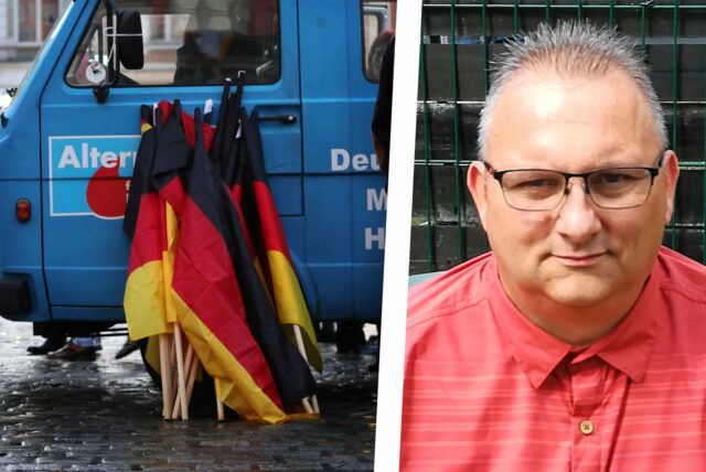 Eine Montage zeigt einen AfD-Parteiwagen mit Logo und Deutschlandfahnen und ein Porträt des AfD-Kreissprecher Udo Pöpperling.