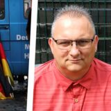 Eine Montage zeigt einen AfD-Parteiwagen mit Logo und Deutschlandfahnen und ein Porträt des AfD-Kreissprecher Udo Pöpperling.