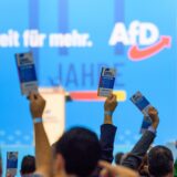 Stimmzettel vor einem Logo der AfD