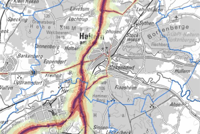 Die B 58, die L 551, die L 652 und der Bossendorfer Damm zählen zu den besonders lärmbelasteten Hauptverkehrsstraßen in Haltern, wie die Lärmkarte des Lanuv zeigt.