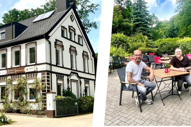 Die Bildkombi zeigt das Rosengarten-Gebäude sowie Eddy Erken und Thomas Falk auf der Sonnenterrasse.