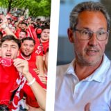 Die Montage zeigt links Fans der türkischen Fußballnationalmannschaft vor dem Spiel gegen Georgien bei der Europameisterschaft 2024. Rechts abgebildet ist Lars Tottmann, Veranstalter des Public Viewings in Recklinghausen.