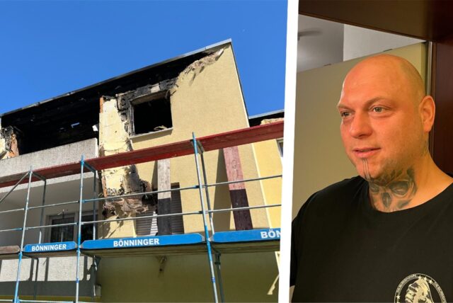 Eine Collage: Links sind die Spuren des Brandes am Haus in der Straße am Funkturm in Dortmund-Neuasseln zu sehen, rechts Nachbar Alexander Faßbender.