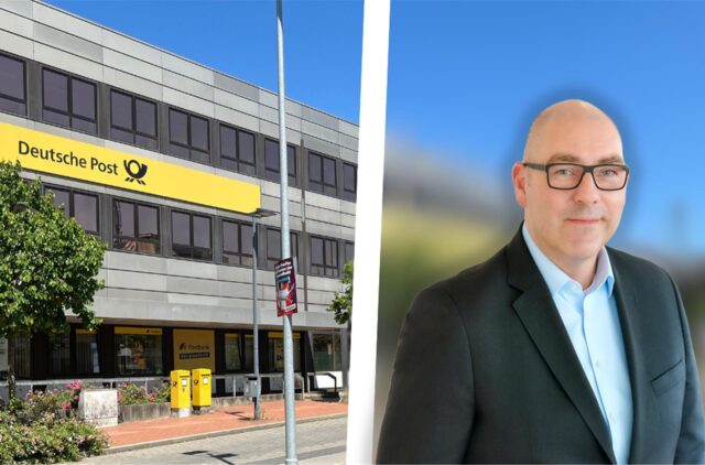 Fotomontage vom Postbank-Pressesprecher Oliver Rittmaier und der Filiale in Castrop-Rauxel.