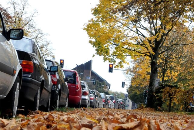 Mit Laub bedeckter Gehweg, daneben geparkte Autos am Straßenrand