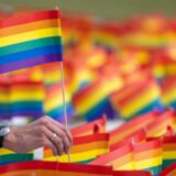 Ein Mann hält ein Regenbogenfähnchen in der Hand.
