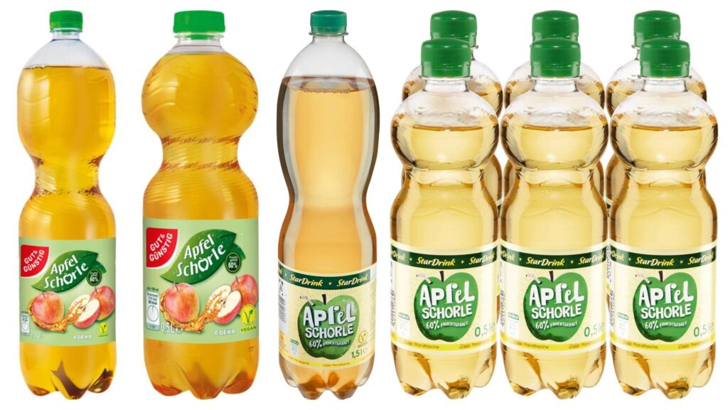 Eine Collage zeigt die Apfelschorle-Flaschen von Edeka, Marktkauf und Netto, die von einer Rückrufaktion betroffen sind. Eine Collage zeigt die Apfelschorle-Flaschen von Edeka, Marktkauf und Netto, die von einer Rückrufaktion betroffen sind.