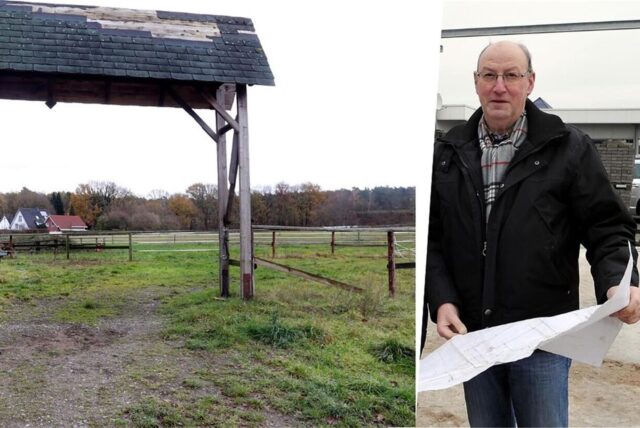 Eine Wiese und ein Mann mit einem Plan.