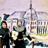 Collage zeigt zwei Männer in Ritterrüstung vor einer historischen Stadtansicht von Recklinghausen