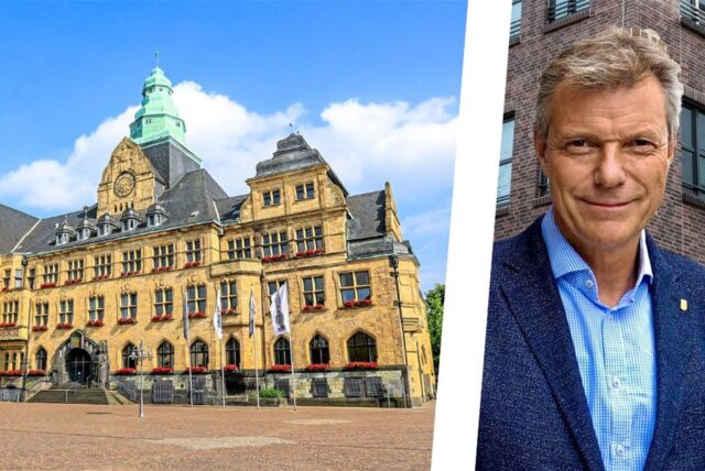 Die Montage zeigt links eine Frontansicht des Rathauses Recklinghausen, rechts ein Bild von Recklinghausens Bürgermeister Christoph Tesche (CDU).