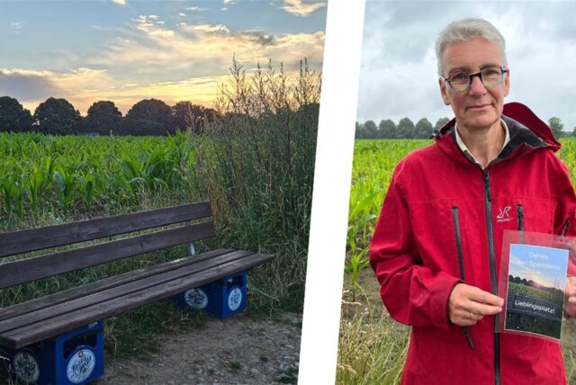 Links die neue Sitzbank in Recklinghausen-Hochlar, rechts Anwohnerin Claudia C.