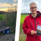 Links die neue Sitzbank in Recklinghausen-Hochlar, rechts Anwohnerin Claudia C.