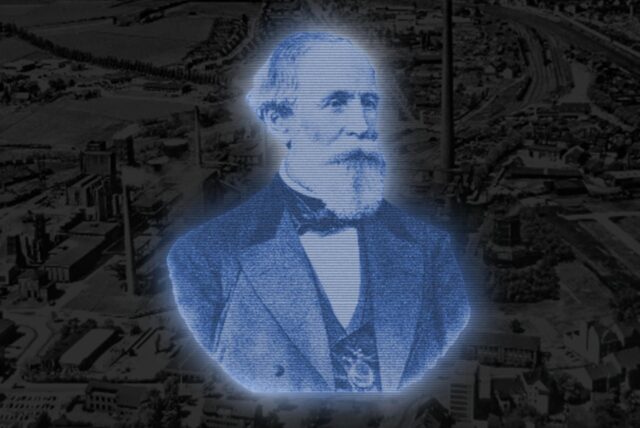 William Thomas Mulvany vor einer späten Ansicht der Zeche Erin.