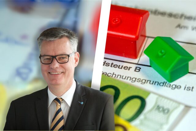 Bildkombo: im Hintergrund eine Steuererklärung, Euro-Scheine und Monopoly-Häuser, im Vordergrund Stadtkämmerer Michael Eckhardt.