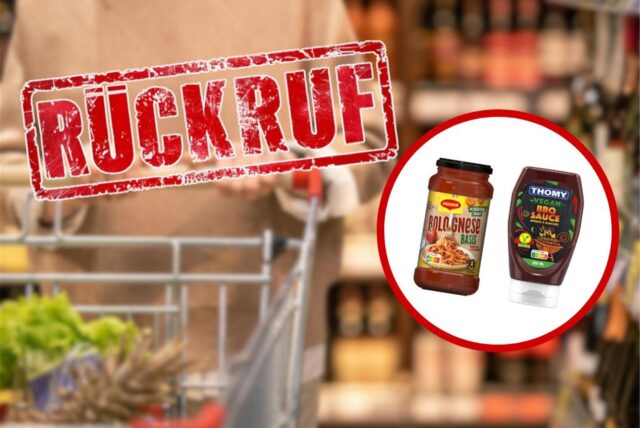 Bild mit Aufschrift „Rückruf“ und Abbildung der Produkte von Maggi und Thomy