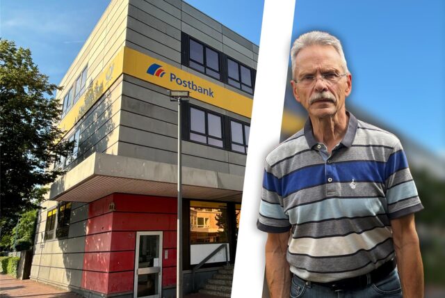Bildmontage: Detlef Goeretz im Vordergrund, im Hintergrund die alte Hauptpost in Castrop-Rauxel am Münsterplatz.