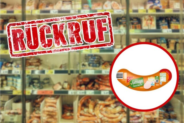 Bild mit Aufschrift „Rückruf“ und Abbildung der Fleischwurst, die aktuell bei Edeka und Marktkauf zurückgerufen wird.