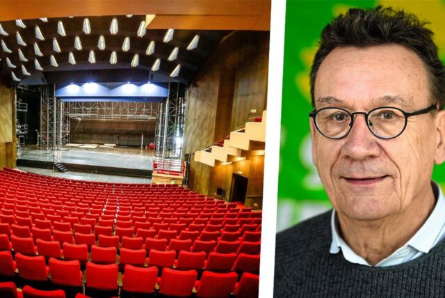 Die Montage zeigt den großen Theatersaal im Ruhrfestspielhaus in Recklinghausen und Holger Freitag,  Kulturausschuss-Vorsitzenden von den Bündnisgrünen.