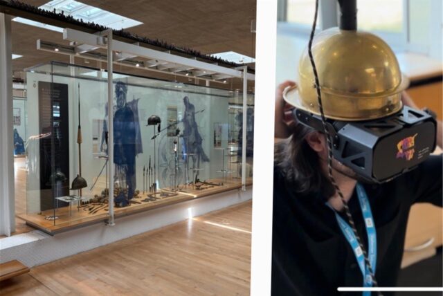 Ein zweitgeteiltes Bild mit einer Museumsvitrine und einem Mann, der eine VR-Brille trägt