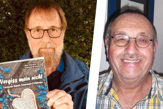 Zwei Männer halten jeweils ein Buch in der hand