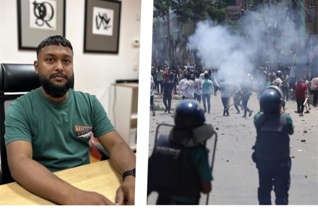 Eine Collage von einem Mann und einer gewaltsamen Situation in Bangladesch.