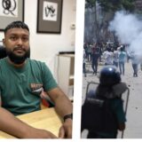 Eine Collage von einem Mann und einer gewaltsamen Situation in Bangladesch.