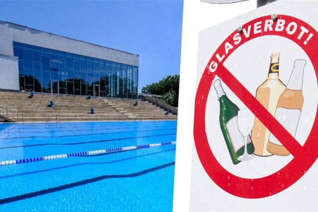 Die Montage zeigt links ein gefülltes, aber menschenleeres Schwimmbecken im Freibad Süd in Recklinghausen, dahinter eine Tribüne und das Hallenbad Süd. Rechts zeigt die Montage ein Schild mit durchgestrichenen Glasflaschen und Gläsern, darüber steht Glasverbot.