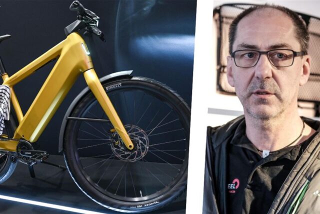 Die Montage zeigt links ein hochwertiges E-Bike, das als Ausstellungsstück bei einer Messe geputzt wird. Rechts ist Gerold Weidlich, Geschäftsführer Big Wheel, abgebildet. Das Unternehmen hat auch eine Filiale in Recklinghausen.