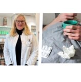 Eine Apothekerin im linken Bild und ein Mann, der mit einer Tasse und Medikamenten im Bett liegt.