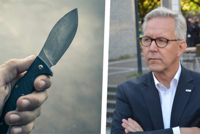 Eine Collage: Links hält eine Hand ein Messer, rechts ist der Dortmunder Polizeipräsident Gregor Lange zu sehen.
