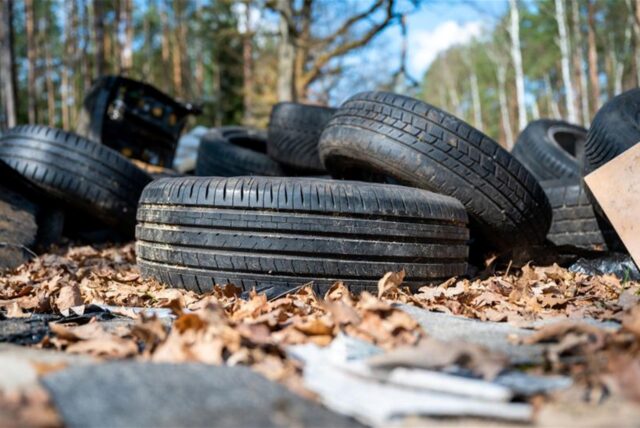 Illegal entsorgte Autoreifen liegen als Müll in einem Waldstück.