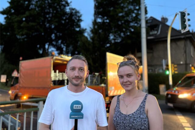 Reporter Philipp Pohl berichtet von der Sperrung der A40 – und trifft dabei auch auf Schaulustige, die sich die Einrichtung der Sperrung anschauen. Unter anderem Linda aus Herne.