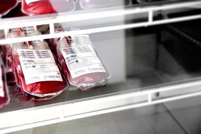 Blukonserven liegen in einem Kühlschrank.